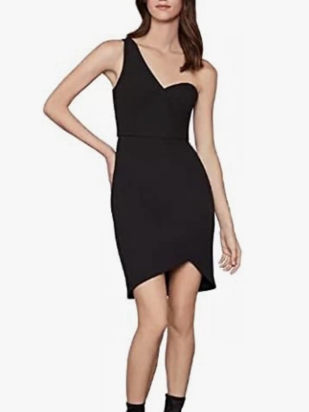 BCBG Eve Black One-Shoulder Dress with Asymmetrical Hem. Size 8